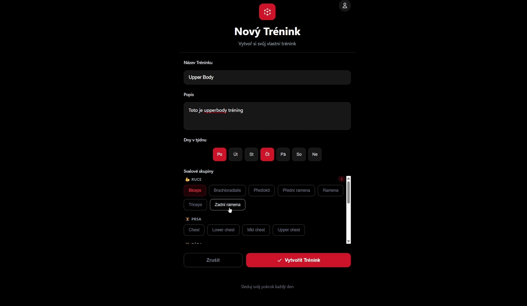 Nastavení nového tréninku